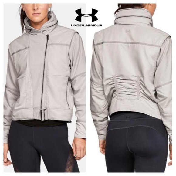 NWT $180 UNDER ARMOUR Women L Generation Moto Hooded Jacket in Earth Gray - Picture 1 of 11
